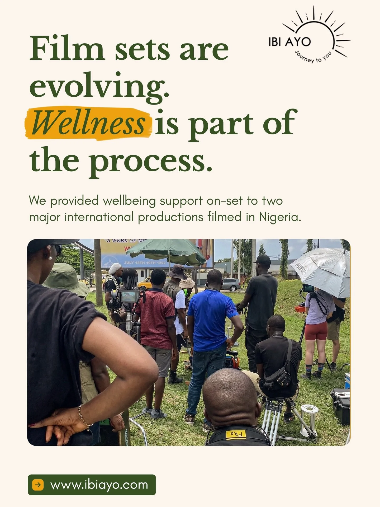 The future of filmmaking includes wellbeing.

In 2024, we embedded on-set support into two international productions filmed in Nigeria, offering real-time care for cast and crew navigating demanding schedules and emotionally intense work.

Better car