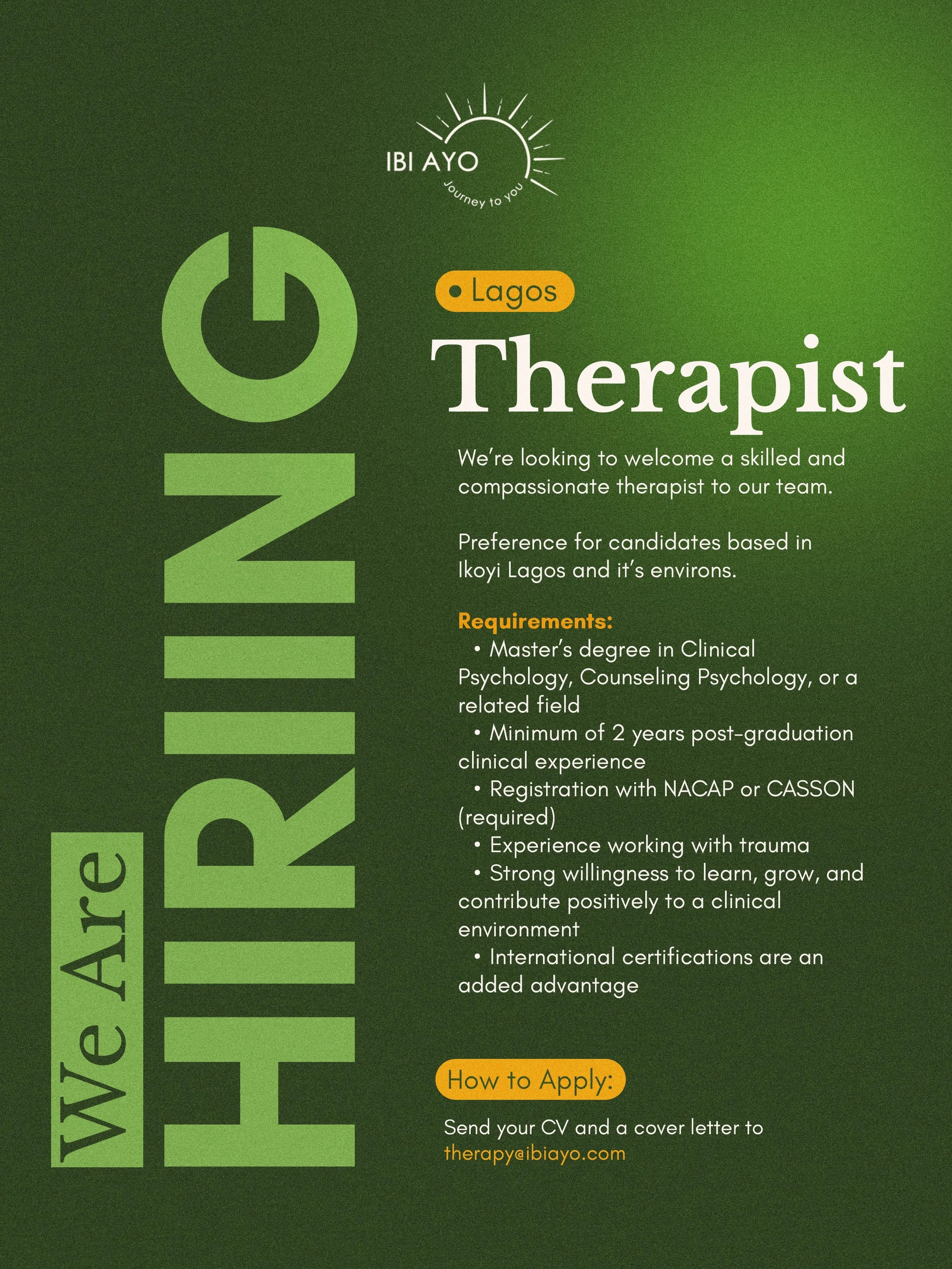 We are currently hiring a skilled and compassionate therapist to join the Ibi Ayo team in Lagos.

We are looking for professionals who are passionate about delivering quality mental health care and contributing positively to a collaborative clinical 