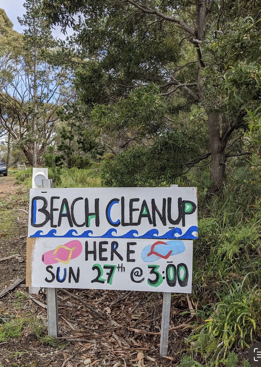 Hand-painted sign advertising a beach cleanup event on Sunday, 27th at 3:00. The sign features images of waves and flip-flops, set in a wooded area.