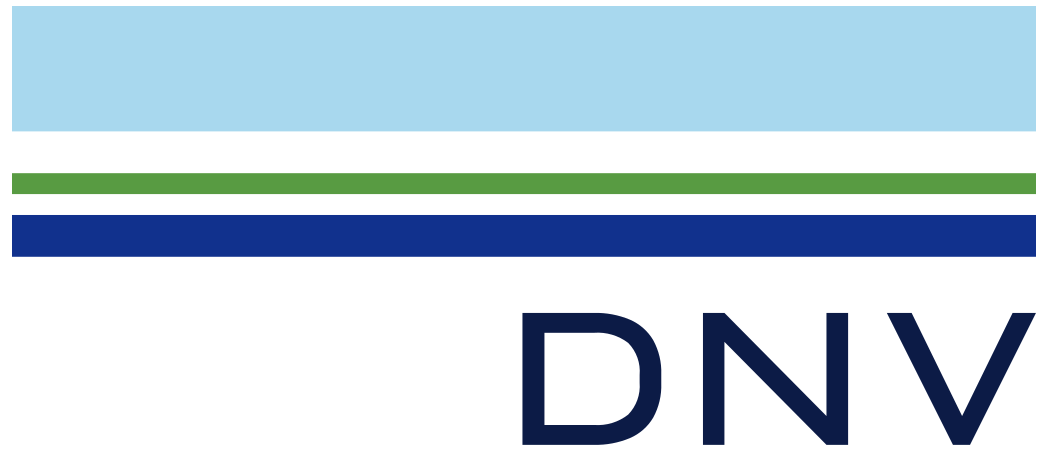 Logo with three horizontal stripes in light blue, green, and dark blue, and the letters "DNV" underneath.