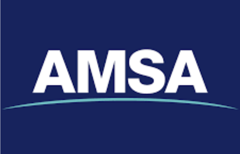 AMSA logo with blue background and curved line