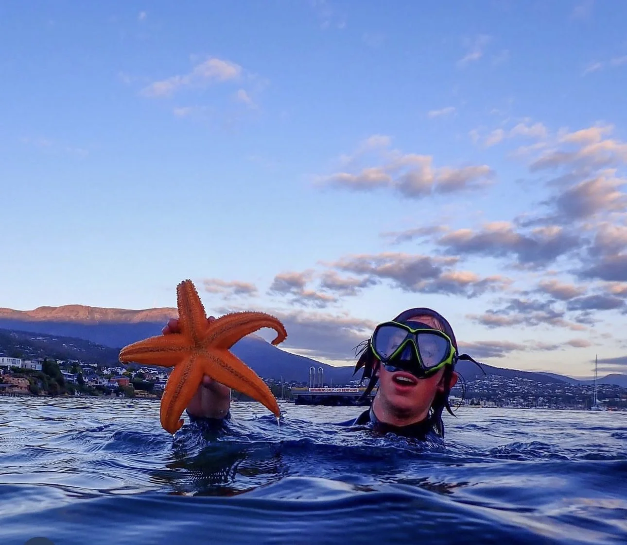 A person wearing a snorkeling mask emerges from water holding an orange starfish, with a scenic mountain and town in the background.