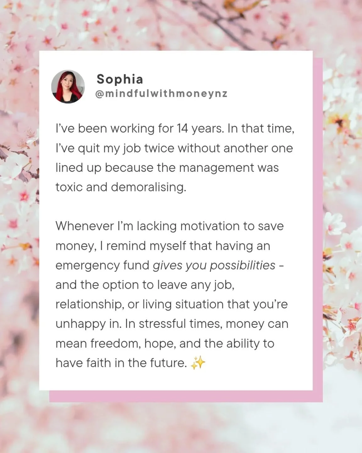 Two times having an emergency fund meant I could prioritise my mental health over a steady paycheck 🤍 
#emergencyfund #debtfreecommunitynz #personalfinance #personalfinancenz #moneytalks #savings #savingmoney #mindfulwithmoney #mindfulwithmoneynz