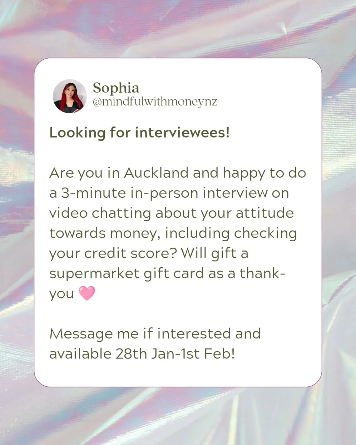 Individuals and couples welcome! Please message me if you're happy to do a brief interview where you'll check your credit score and answer a few generic questions about your attitude towards money 🩷