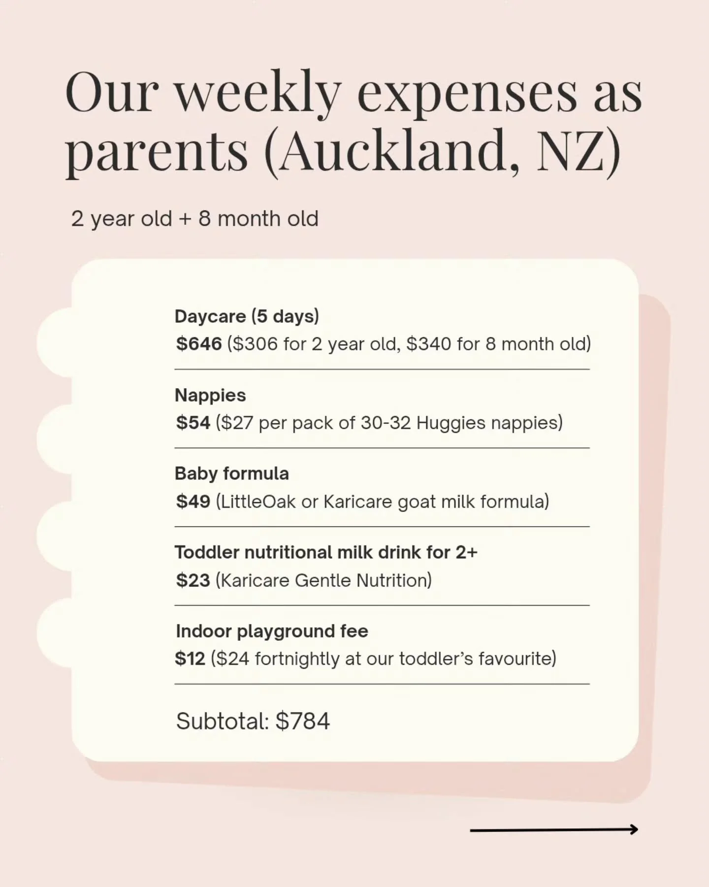 How much it costs us to raise our children at the moment! Childcare is the biggest expense - we can't wait until our older one turns 3, so we can receive the 20 hours free ECE subsidy.

For groceries, we buy a larger portion of what we would otherwis