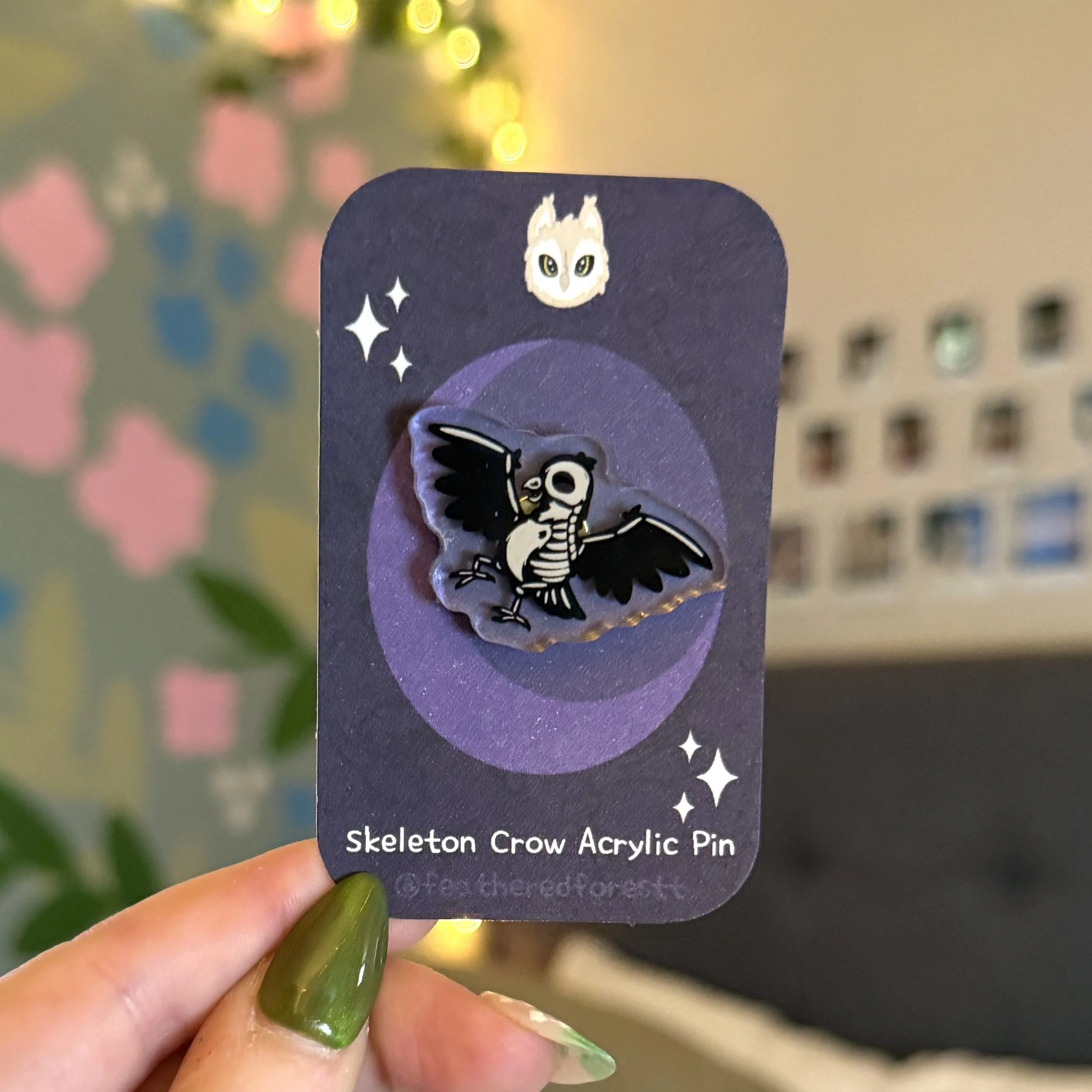 Spooky Skeleton Crow Acrylic Pin
