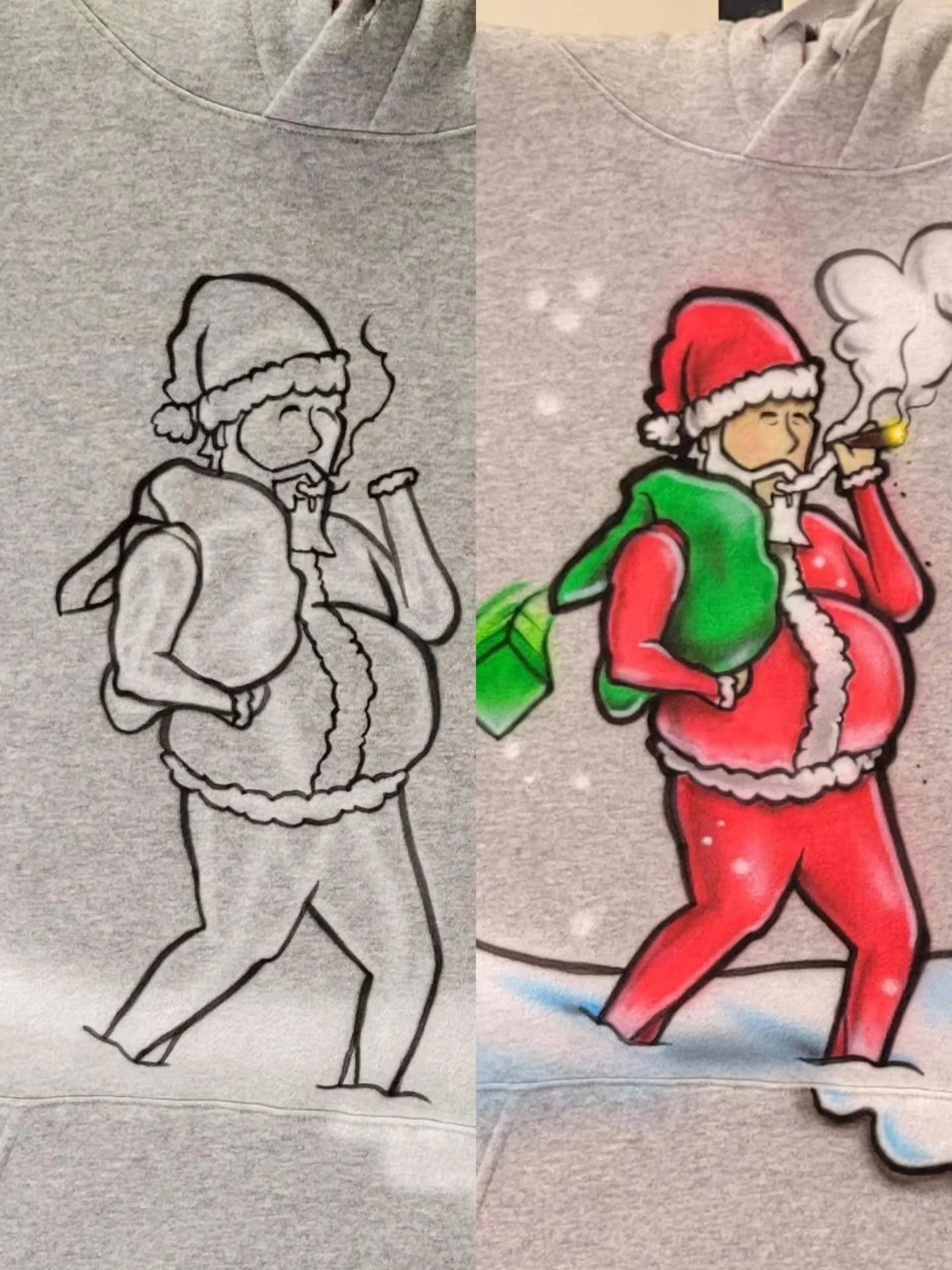 Before vs after of a hood themed Christmas airbrush hoodie. I think my linework is what sets me apart from other artists. Thick and thin lines bring attention to certain parts of the paintings.