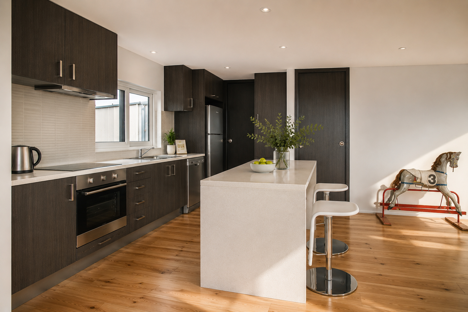 Modern kitchen with dark wood cabinets, white countertop, stainless steel appliances, a center island with white chairs, and a vintage rocking horse in the background.