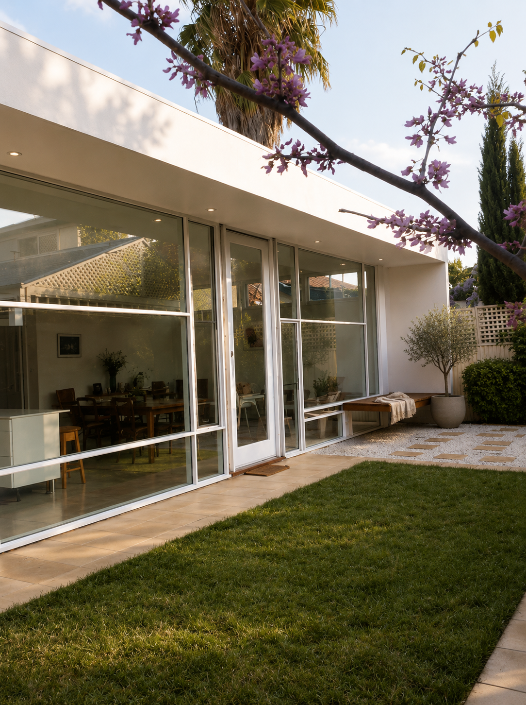 Modern house with large glass sliding doors, a small outdoor patio with pavers, a manicured lawn, potted plants, and blooming pink flowers on a tree branch.