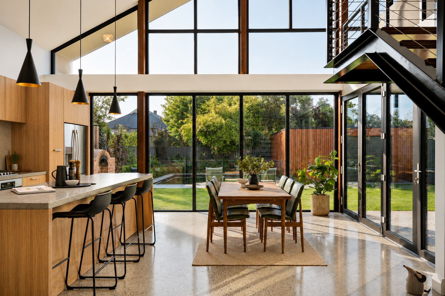 Bright modern kitchen and dining area with large glass windows and door, showcasing a lush green backyard, wooden dining table with chairs, kitchen island with bar stools, black pendant lights, and indoor plants.
