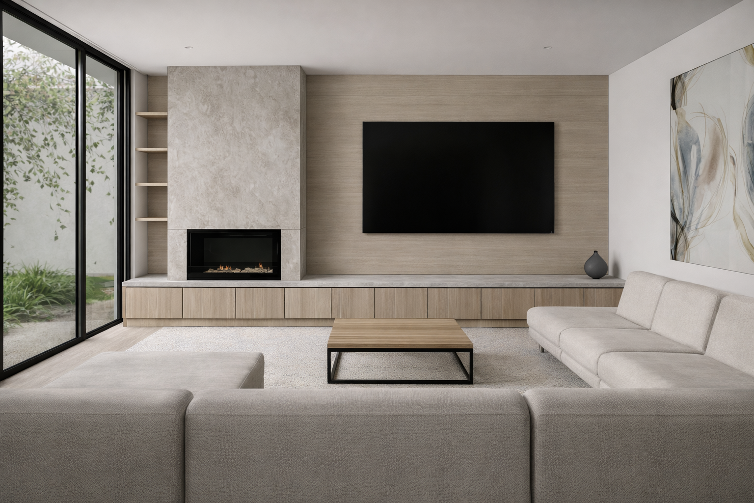 Modern living room with a beige sectional sofa, contemporary fireplace, wall-mounted flat-screen TV, and large glass sliding doors leading outside, decorated with minimalistic art and a vase.