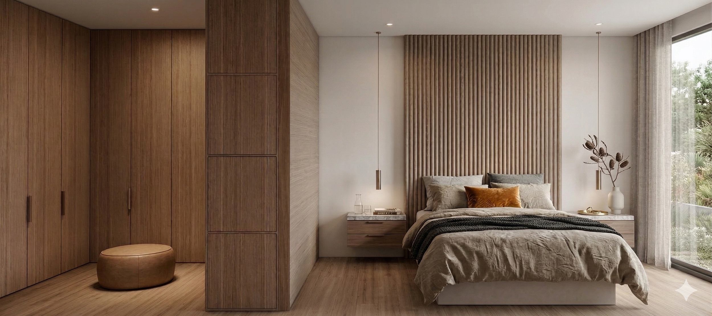 Modern bedroom with a bed, beige and gray bedding, wooden headboard, and hanging pendant lights, with a large window and curtain on the right side.