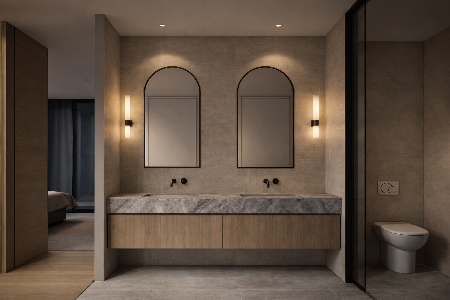 Modern bathroom with double vanity featuring two mirrors, wall-mounted lights, and a toilet separated by a glass partition.