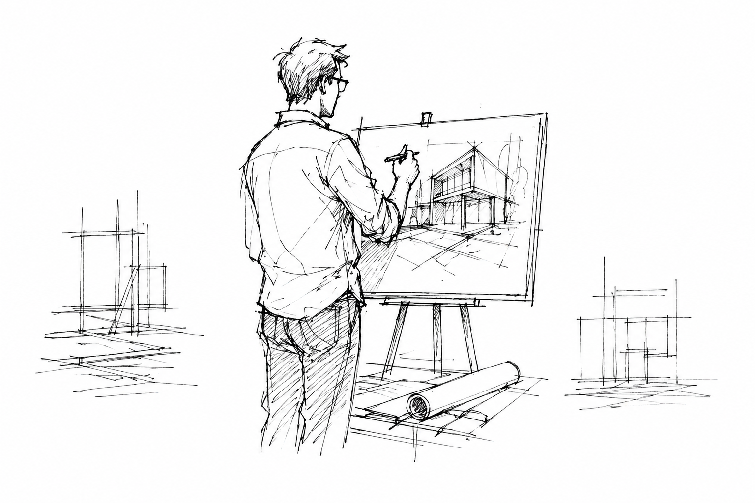 Modern two-story house with minimalist design, featuring geometric shapes and a flat roof, surrounded by trees in a landscaped setting at dusk.