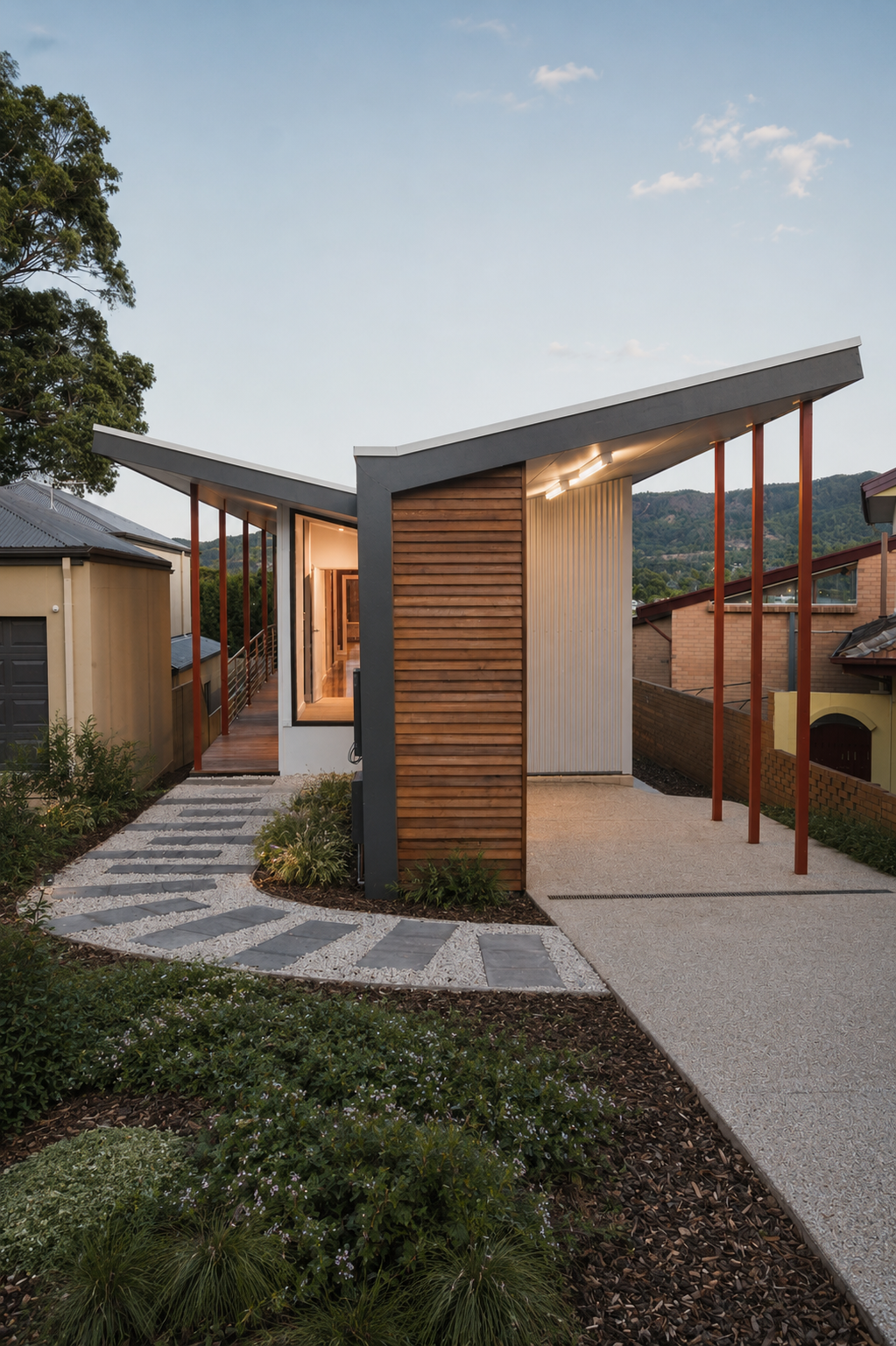 Modern house with sloped roof, wood and white exterior, outdoor pathway, landscaped garden, and neighboring houses with mountain view in the background.