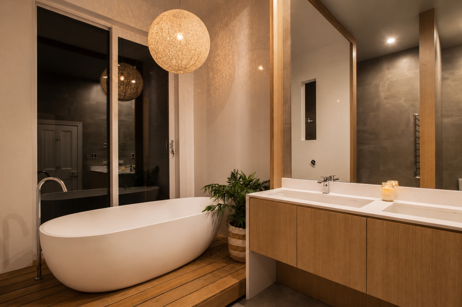 Modern bathroom with a freestanding bathtub, a large mirror, wooden cabinets, a potted plant, candles, and a walk-in shower with a niche, illuminated by warm lighting.