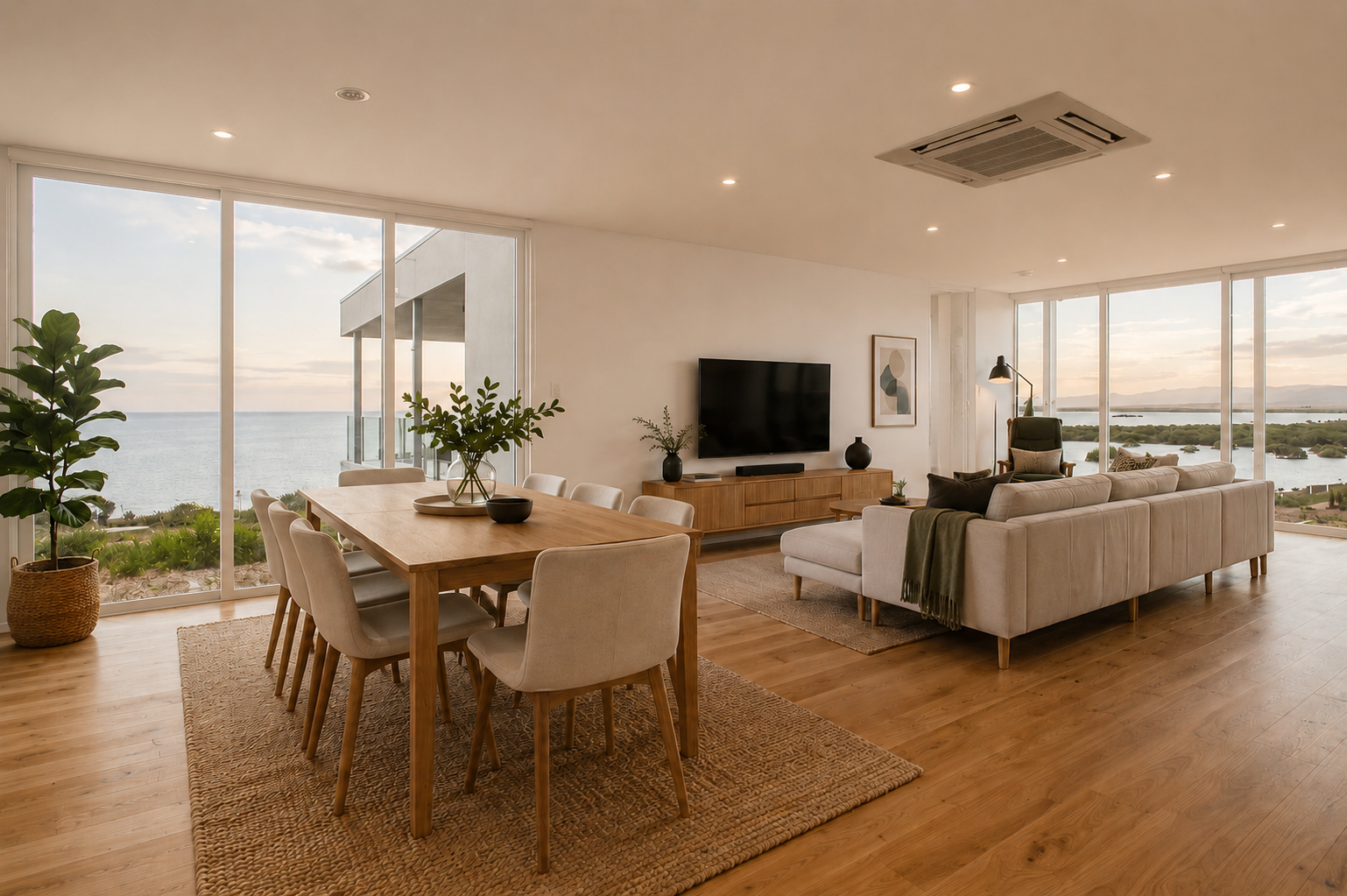Living room with large windows overlooking a body of water, featuring a wooden dining table with six chairs, a white sofa, a TV on a wooden media console, a green armchair, and indoor plants.
