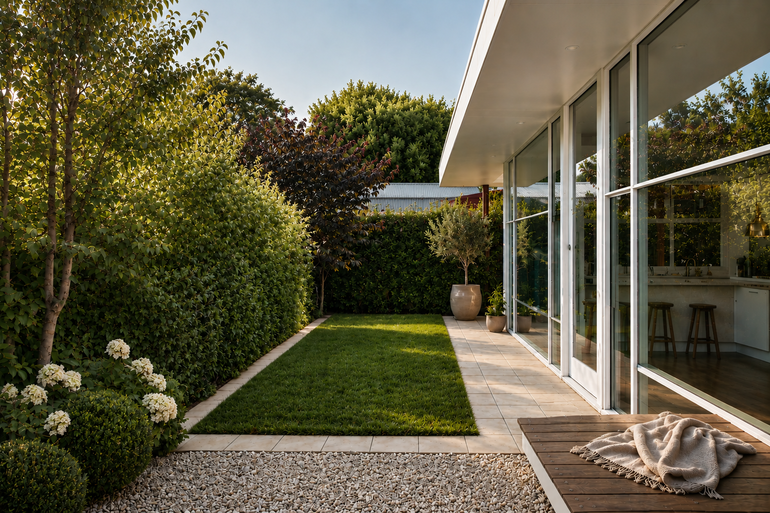 Modern backyard with green hedges, potted plants, a small lawn, tiled patio, glass sliding doors, and interior kitchen with barstools.