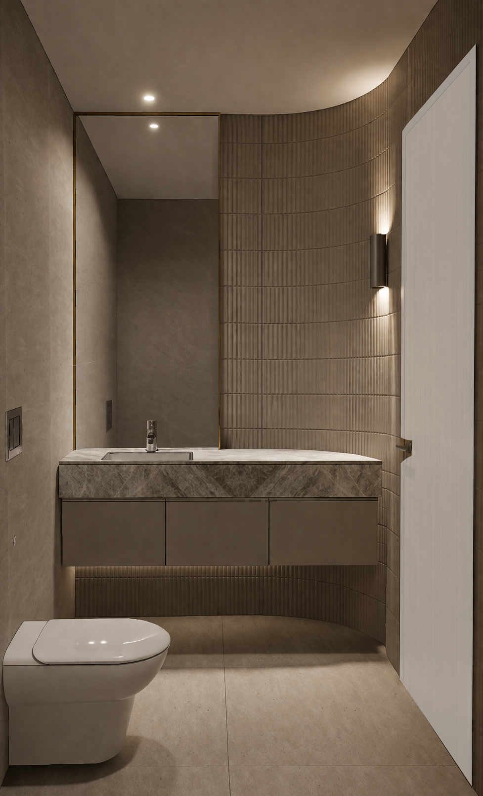 Modern bathroom with beige tiled walls, a marble countertop with a sink, a wall-mounted mirror, and a toilet.