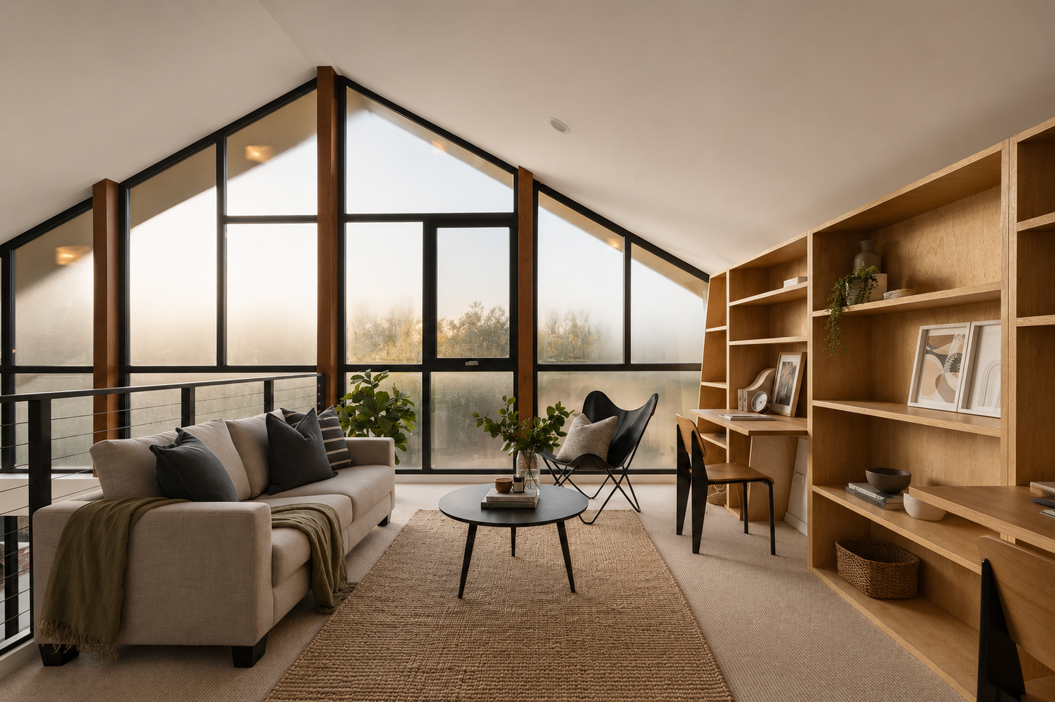 Modern living room with large triangular floor-to-ceiling windows, beige sofa with pillows, black wingback chair, wooden bookshelf, and coffee table with books and decorations.