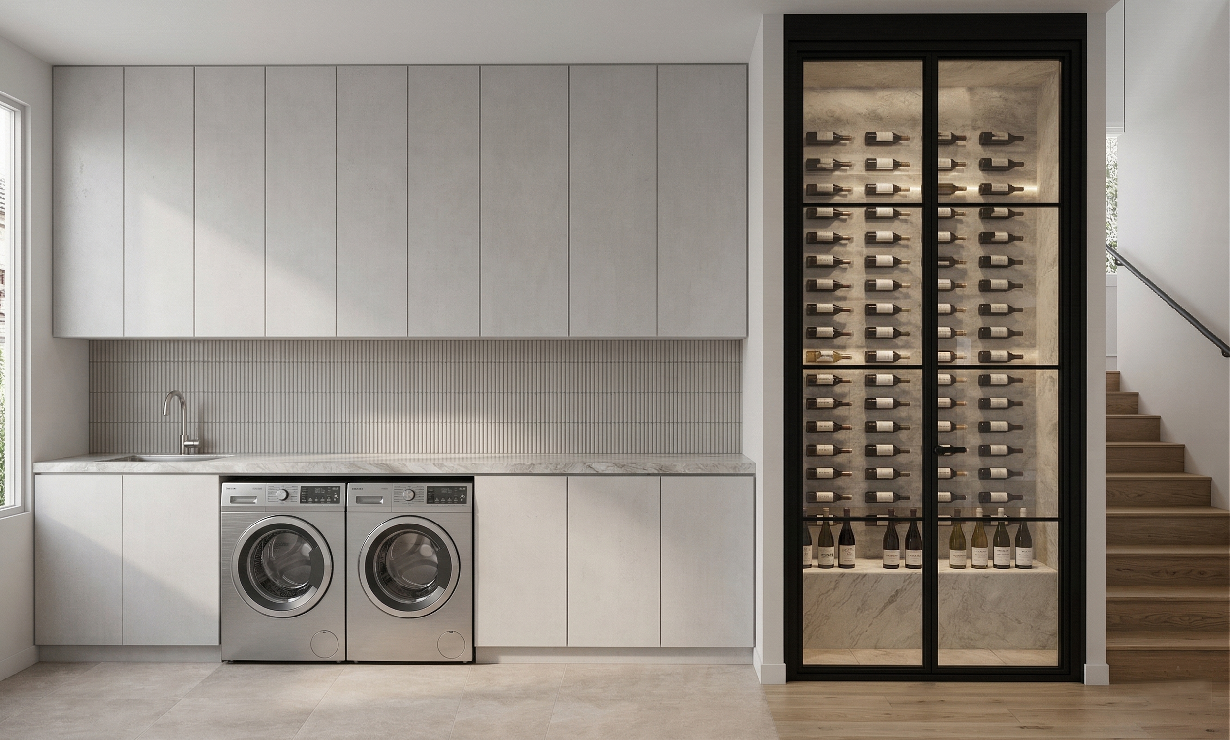 Modern laundry room with gray cabinets, a countertop with a marble pattern, a washer and dryer, and a wine cellar with bottles on shelves.