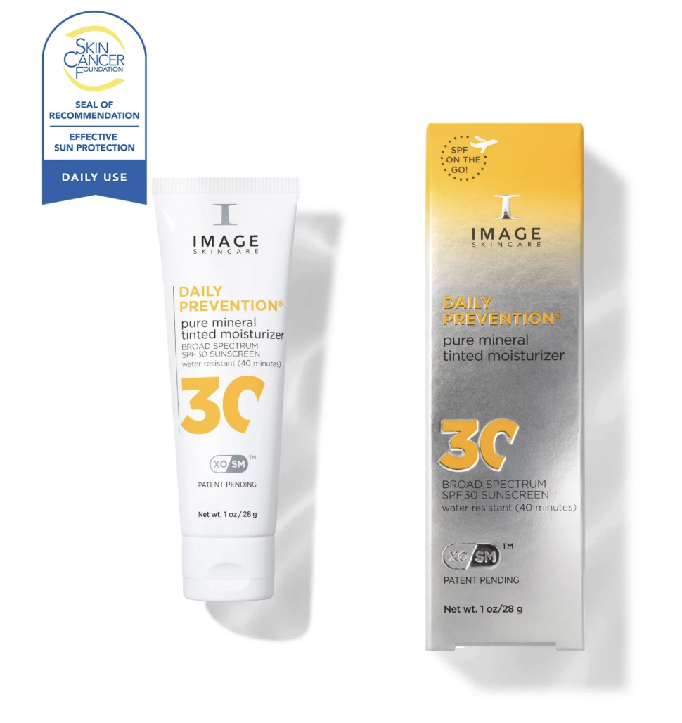 A tube and box of IMAGE Skincare Daily Prevention 3C tinted moisturizer with SPF 30. The packaging is white and yellow, emphasizing sun protection, and the tube is positioned to the left of the box.