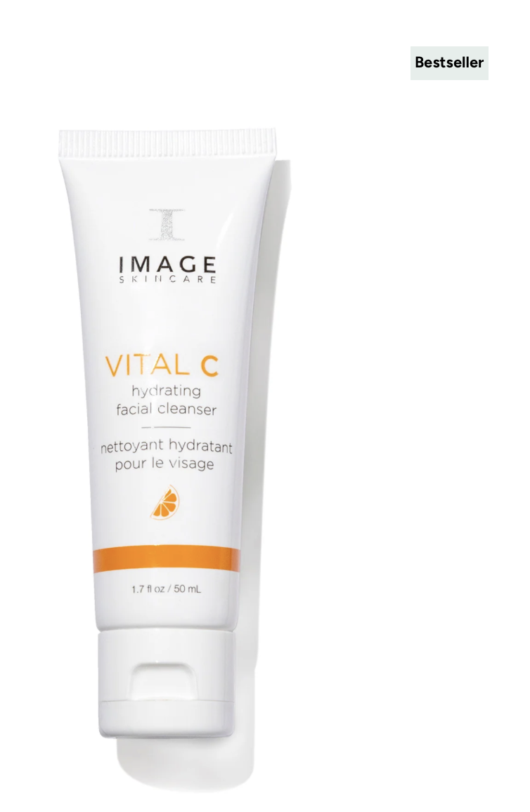 A white tube of IMAGE SKINCARE VITAL C hydrating facial cleanser with orange accents, labeled as a bestseller.