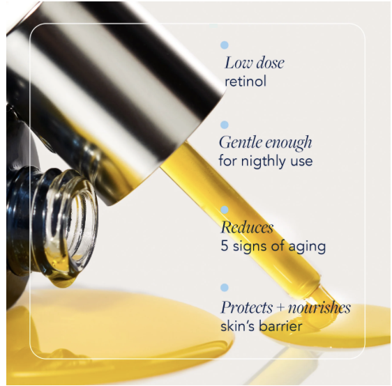 A dropper dispensing yellow liquid onto a surface with text highlighting skincare benefits, including low dose retinol, gentle enough for nightly use, reduces signs of aging, protects and nourishes the skin's barrier.