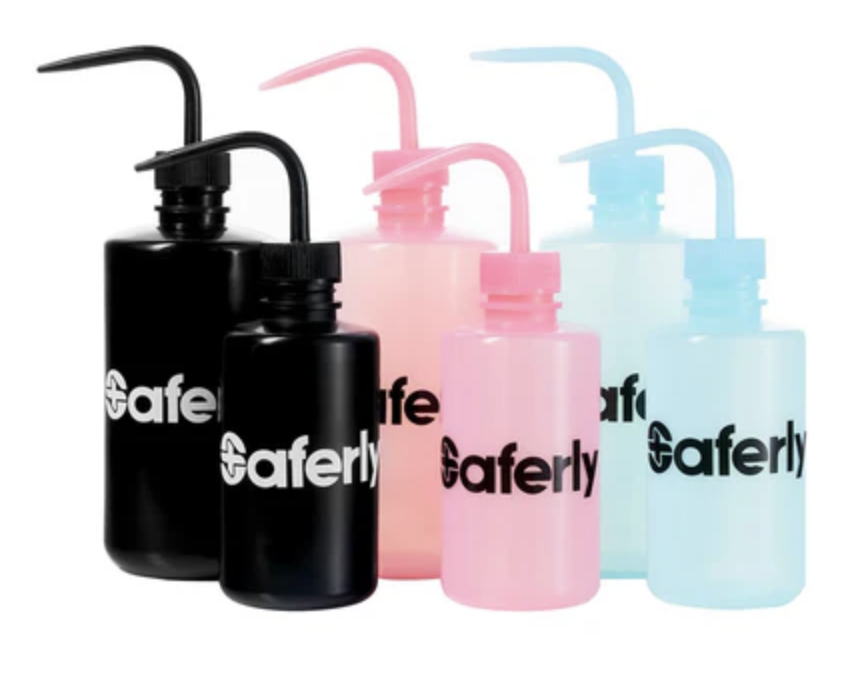 Set of four plastic squeeze bottles with straws, two black, one pink, and one light blue, labeled with the brand name 'aferly'.