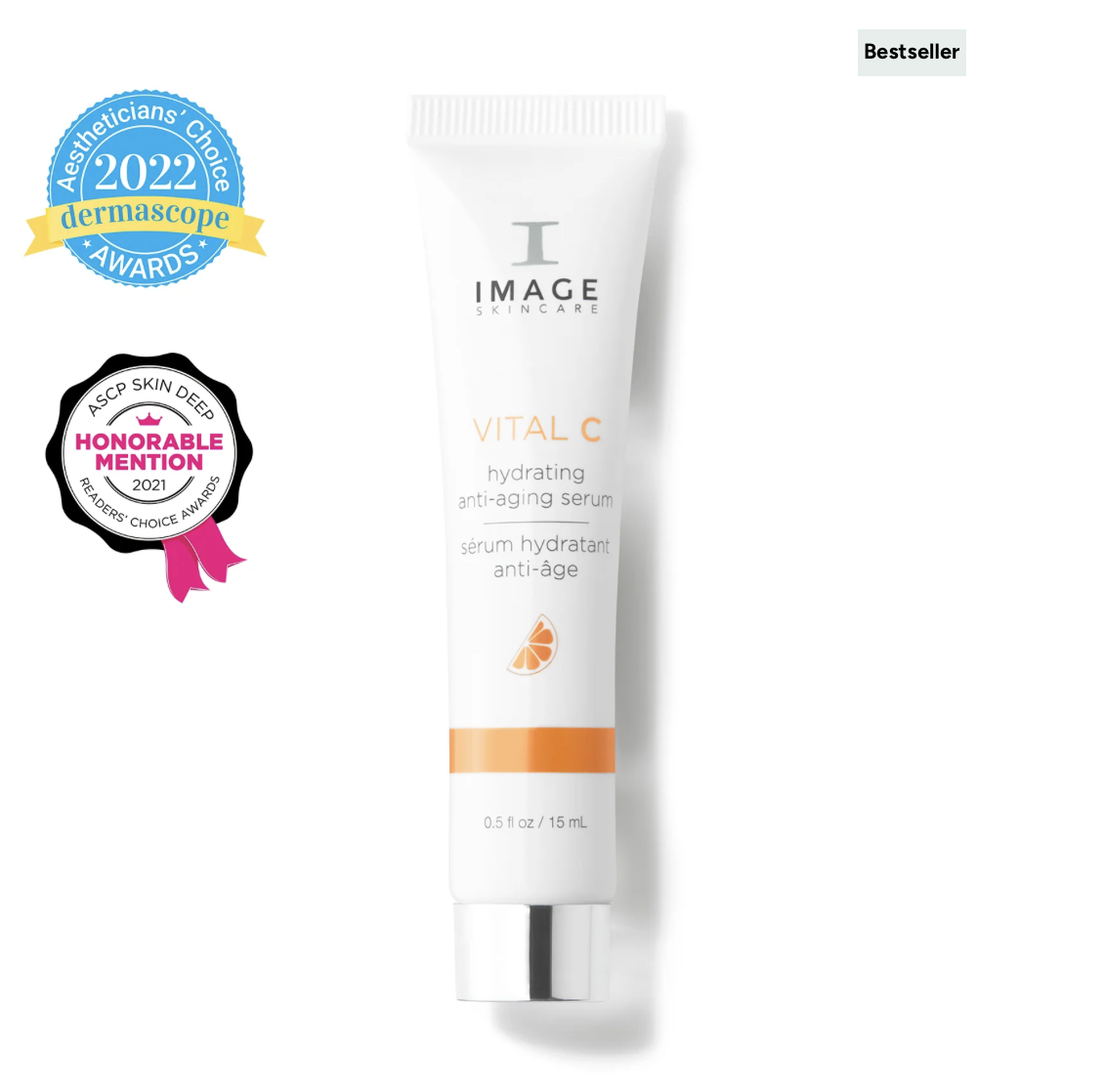 A tube of Image Skincare Vital C Hydrating Anti-Aging Serum with awards and recognitions displayed around it, including a 2022 Aesthetician's Choice Awards badge and a 2021 Honorable Mention badge.