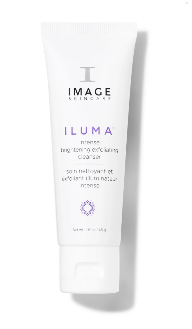 A white tube of IMAGE Skincare ILUMA intense brightening exfoliating cleanser on a white background.