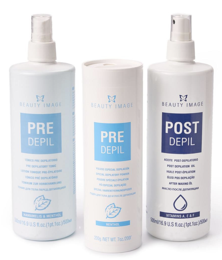 Three bottles of hair removal products, two labeled PRE DEPIL and one labeled POST DEPIL, with spray tops, featuring blue and white packaging with a butterfly logo and text in multiple languages.