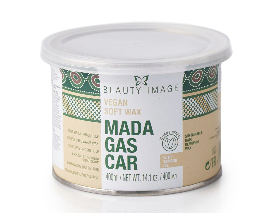 Vegan soft wax for hair removal in a white container labeled 'MADA GAS CAR' with a butterfly logo, green and beige design, containing 400ml.