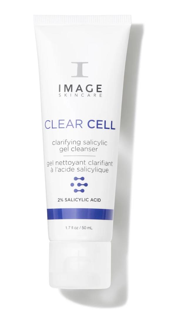 A tube of IMAGE Skincare Clear Cell clarifying salicylic gel cleanser with 50 mL (1.7 fl oz) volume, mainly white with blue accents, featuring product name and description.