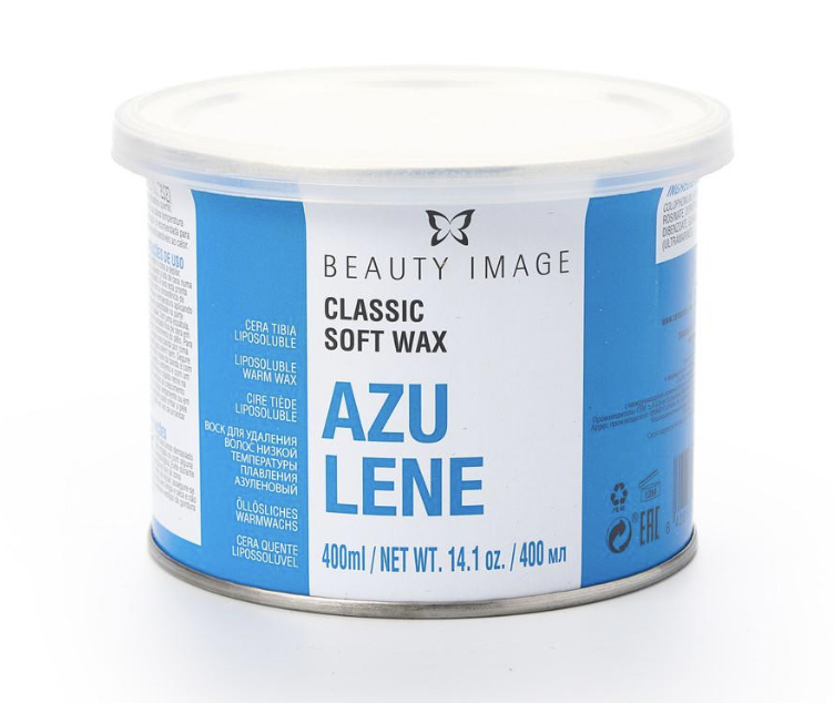 A round container of Beauty Image classic soft wax labeled AZULENE, with a net weight of 14.1 ounces or 400 milliliters.