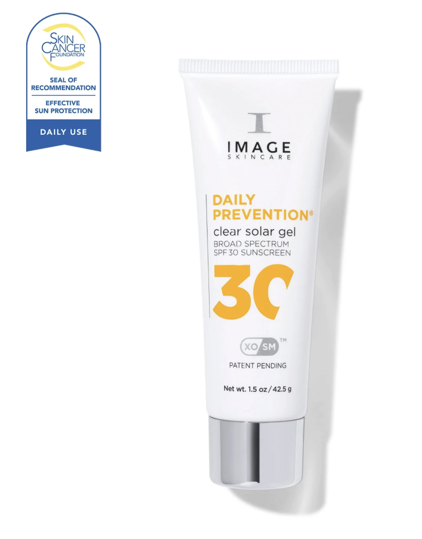 Tube of IMAGE Skincare Daily Prevention Clear Solar Gel SPF 30 sunscreen with SPF 30 broad spectrum protection, labeled for daily use, with a skin cancer foundation seal of recommendation.