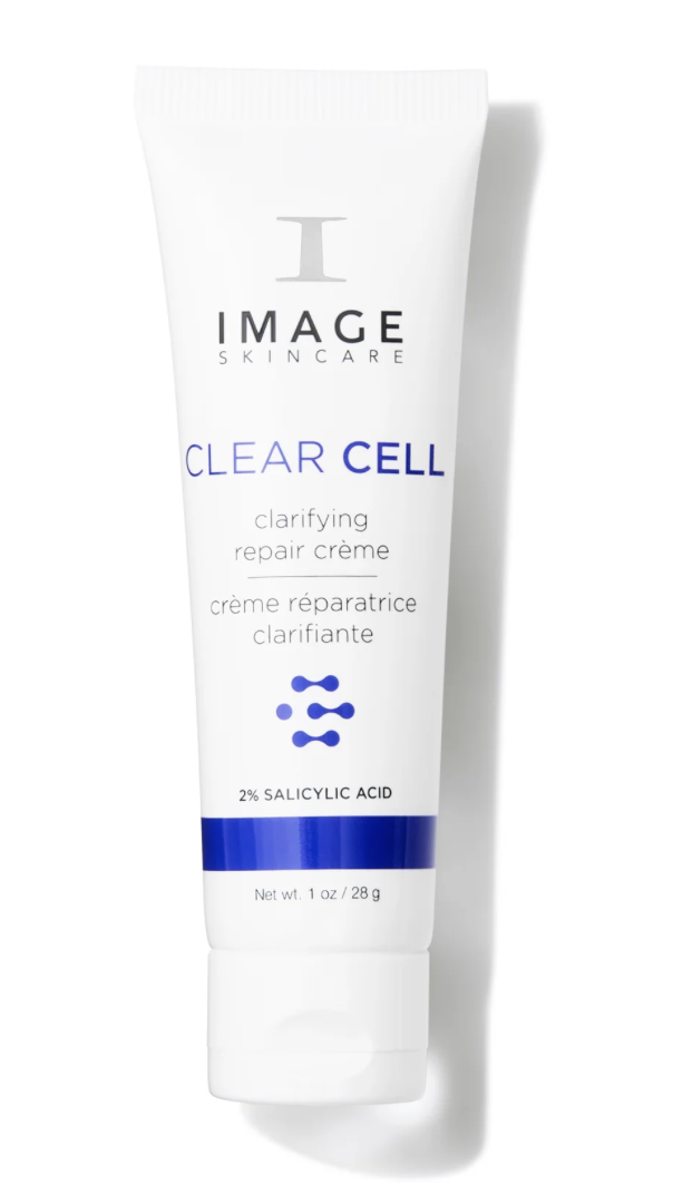 A white tube of IMAGE Skincare Clear Cell clarifying repair creme with 2% salicylic acid, weighing 1 oz (28 g).