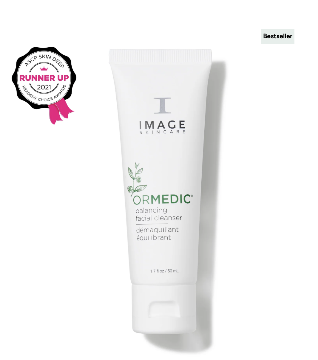 Image of a white tube of IMAGE Skincare ORMEDIC balancing facial cleanser with green text and a herbal illustration, placed beside a reader's choice award badge for best skincare product in 2021.