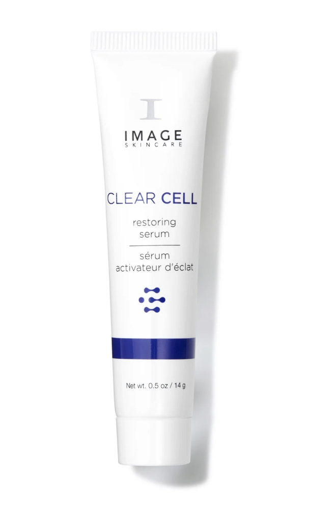A white tube of skin care product labeled 'Image Skincare Clear Cell Restoring Serum' with blue accents and text, shown against a white background.