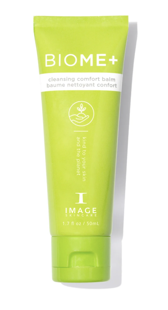 Green tube of BIOME+ cleansing comfort balm from IMAGE Skincare, with white text and a leaf icon, measuring 50 mL (1.7 fl oz).