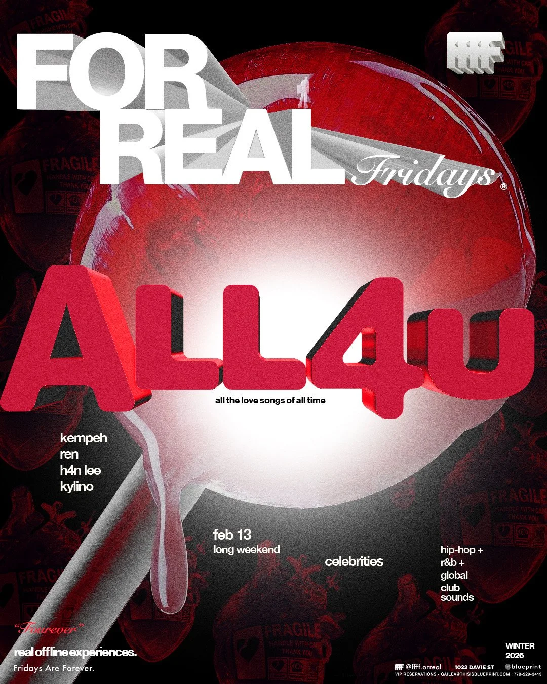 💋ITS FRIDAY LOVERS💋⁠
⁠
Tonight we're doing love songs only. No skips @ffff.orreal 🍫⁠
ALL 4 U flips the club into full Valentine&rsquo;s mode with Hip Hop, R&amp;B, and club anthems strictly about love, heartbreak, and those late night texts you pr