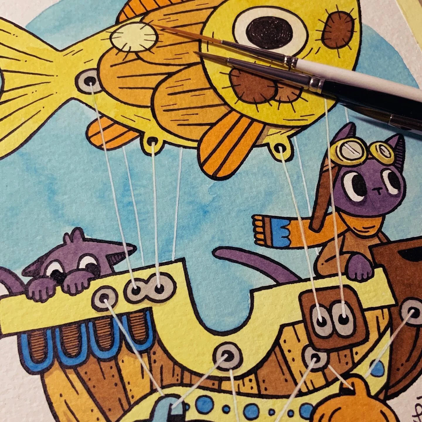 Fish airship
And I thought this is a regular ship&hellip;

Art materials are listed in my stories highlights.

#watercolor #illustration #inkdrawing #inkpainting #pendrawing #art #artofinstagram #coloredpencil #diamineink #tus #gouache #holbeingouach