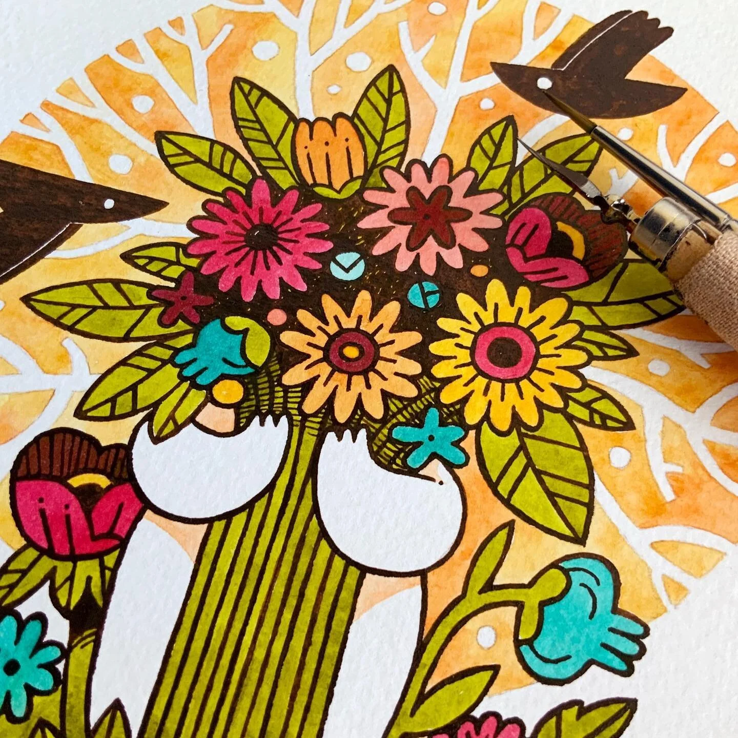 Bouquet
Is someone hiding behind the flowers?
I really like this piece, it has my favourite color palette and that makes my heart happy.

Art materials are listed in my stories highlights.

#watercolor #illustration #inkdrawing #inkpainting #pendrawi