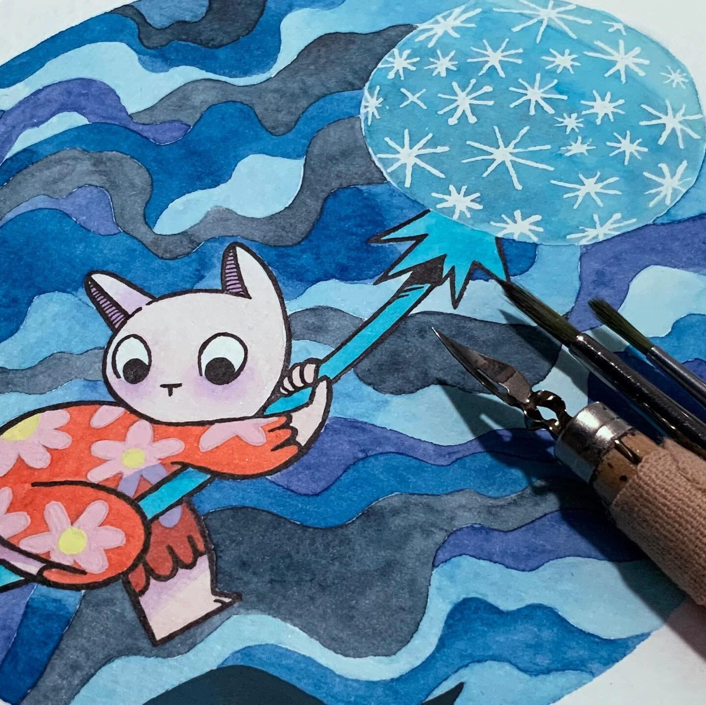 Wind
It was very windy at night. I was little worried about the tall pine trees nearby. 
In this piece I wanted to show the wind and dark grim clouds that came with it. Watercolor texture is great way to show that. 

Art materials are listed in my st