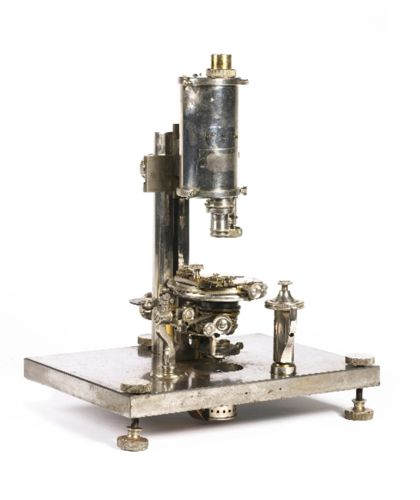 #2 Rife 1932 microscope from Bonham auction, with illumination lamp below table. Parts missing.