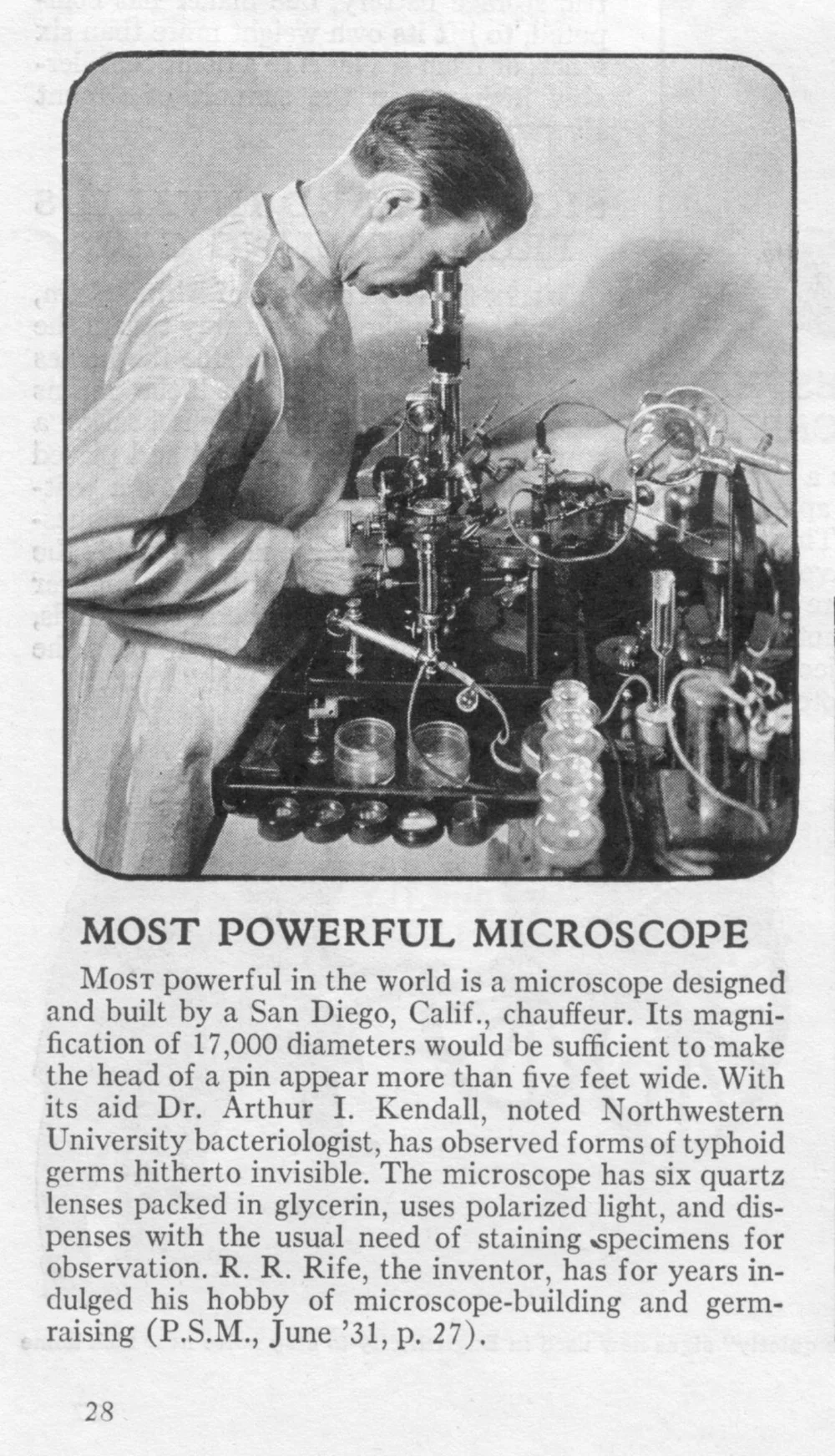 Rife with #2 Microscope in lab setting, from Popular Science February 1932.