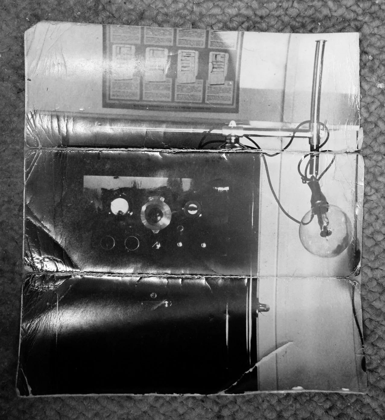 This is an image of an original photograph found inside of the "Low" device, of a different ray machine. Wires from the ray tube plug into the top of the cabinet. Photos by Alan Luft, and kindly provided by Eric Rowley & Dr. James Bare. This device i