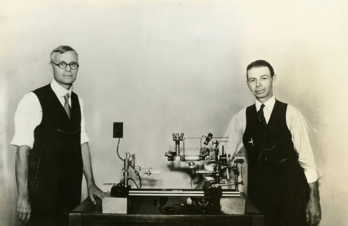 Rife & Kendall with #1 Microscope, from Smithsonian collection. Photography equipment removed.
