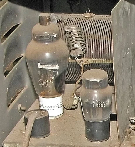 "Low" device circuitry closeup, upper level left. Easily visible is RCA Radiotron 809 tube.