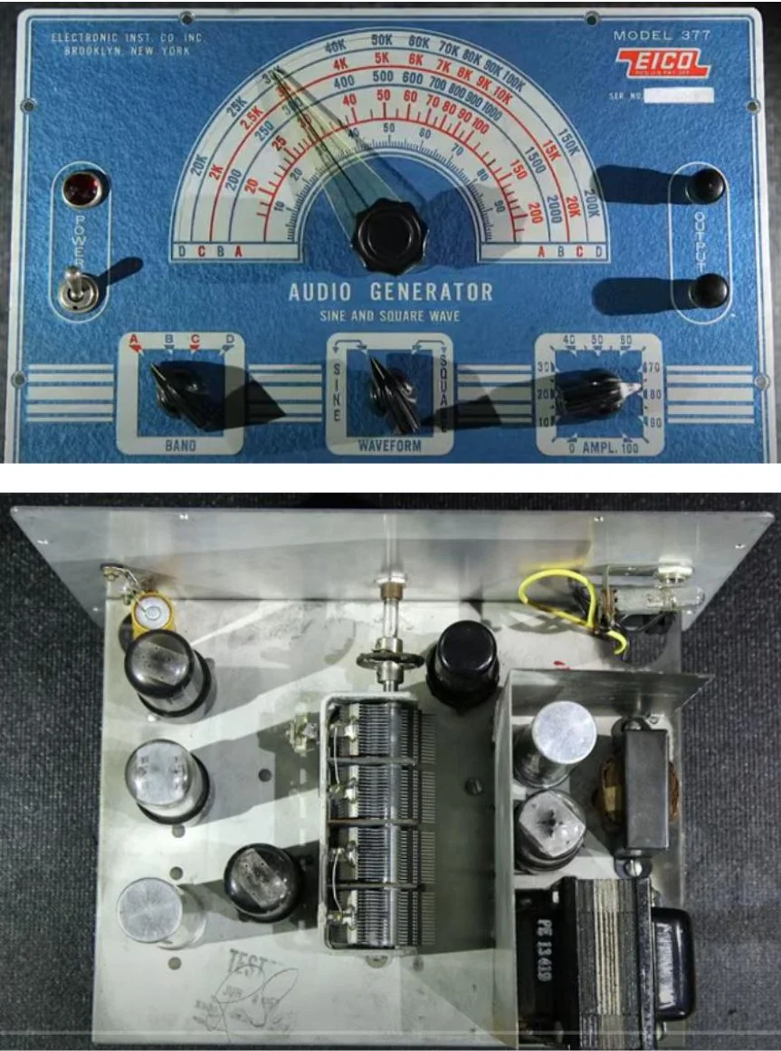 This is the earliest model of the Eico 377 audio frequency generator, dating prior to at least 1954. It contains a "4-gang" capacitor, which does not match the "Scoon" unit.